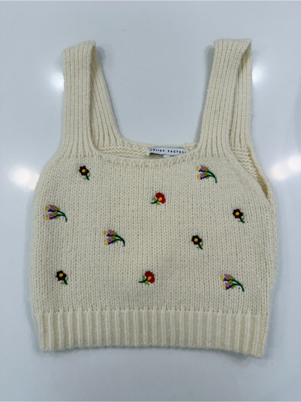 English Factory Cream Knit Tank with Multicolor Floral Embroidery
